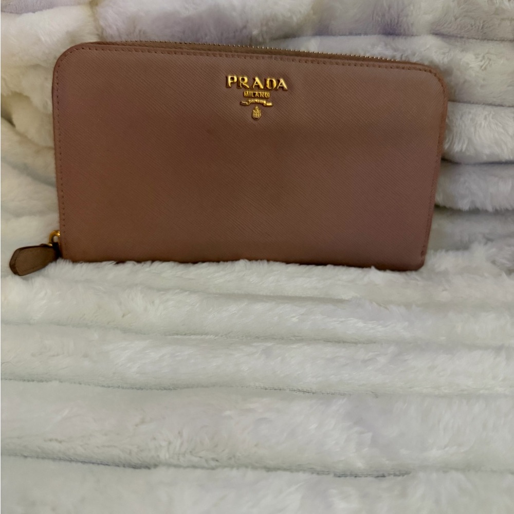 Prada Zip-Around Wallet in Cammeo Saffiano Leather with Gold Hardware